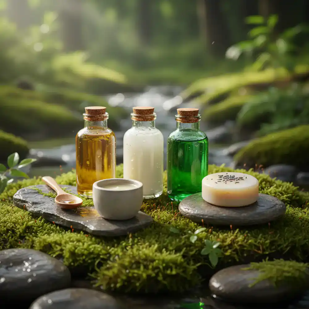 Organic skincare products arranged on natural moss and stone