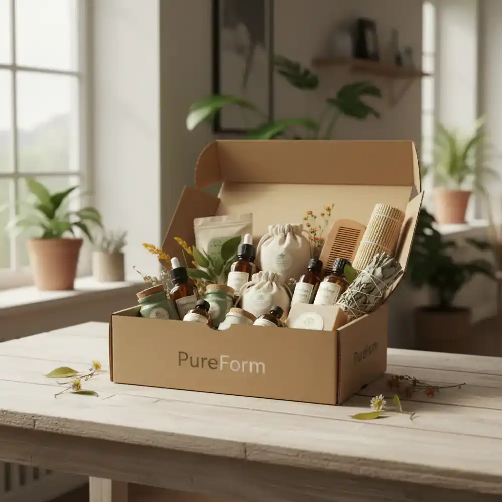 Monthly PureForm replenishment box filled with organic products